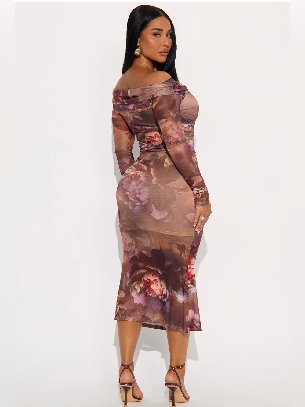 Fashion Nova Off-Shoulder Floral Midi Dress in Brown and Pink - Picture 3 of 5